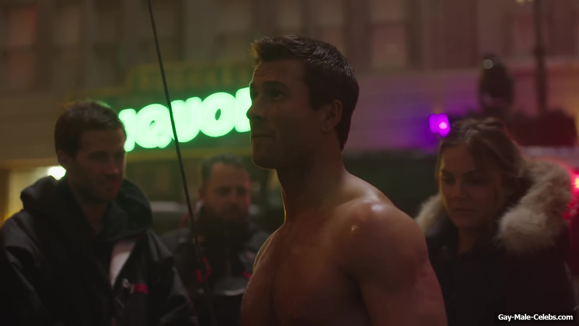 Glen Powell nude in The Running Man BTS