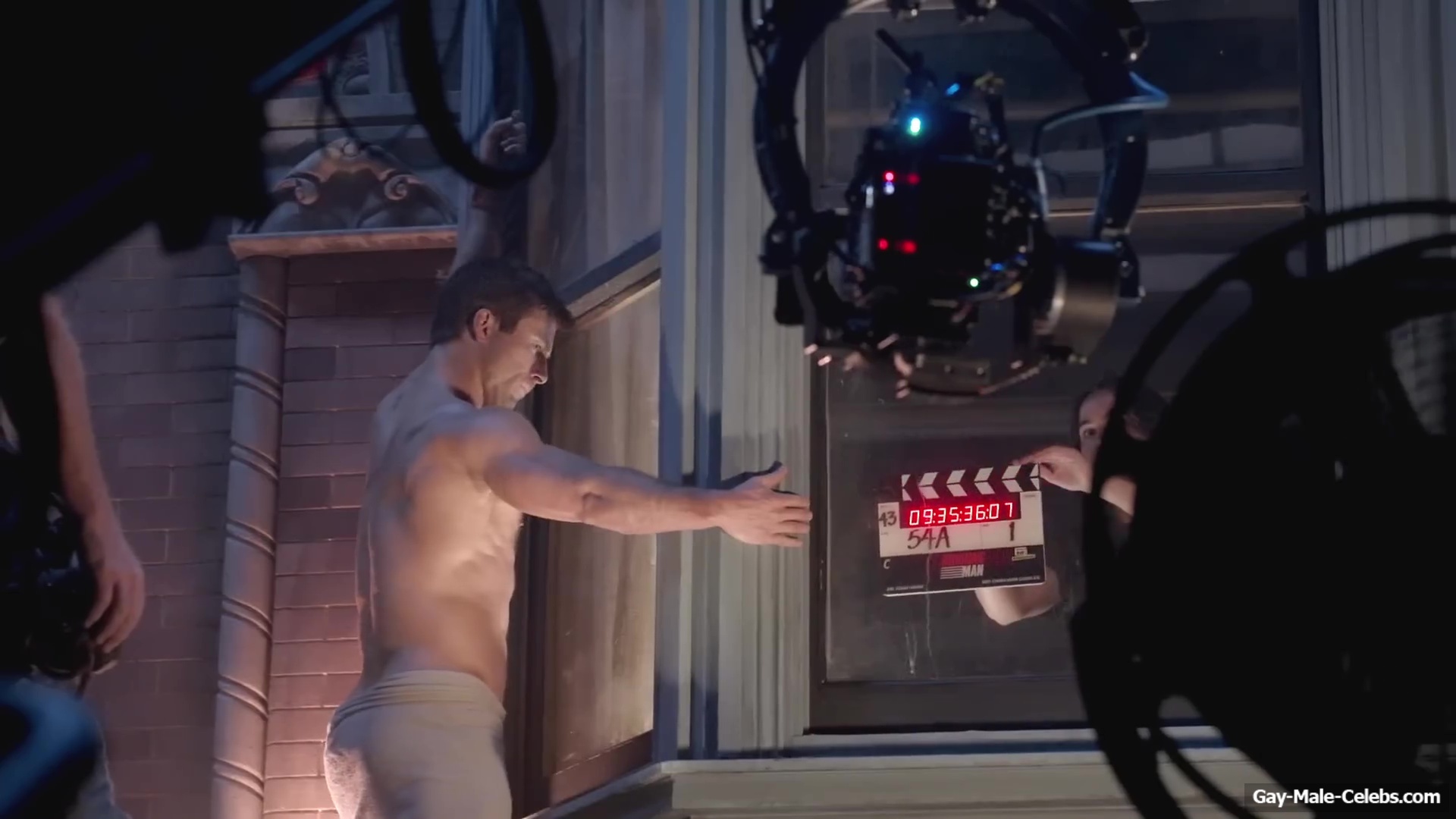 Glen Powell nude in The Running Man BTS