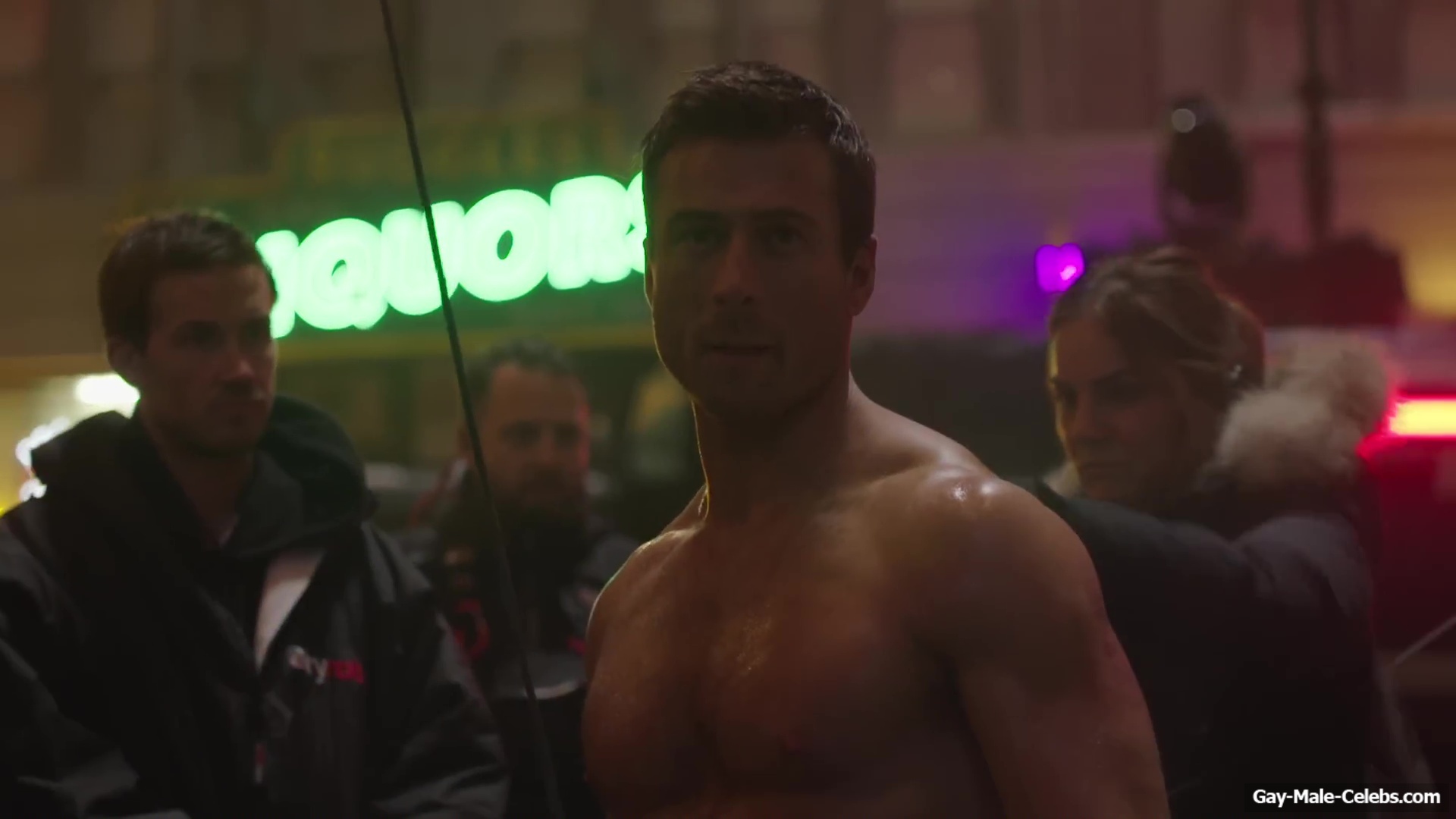 Glen Powell nude in The Running Man BTS