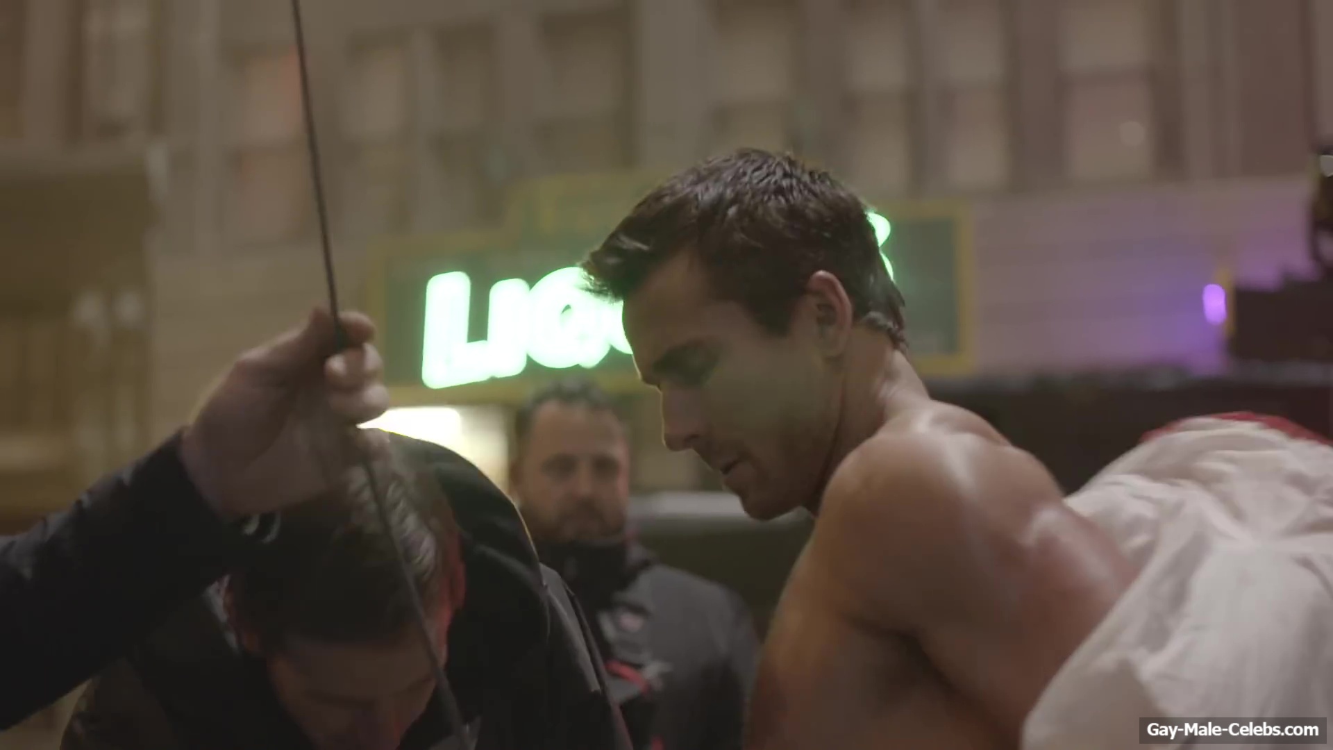 Glen Powell nude in The Running Man BTS