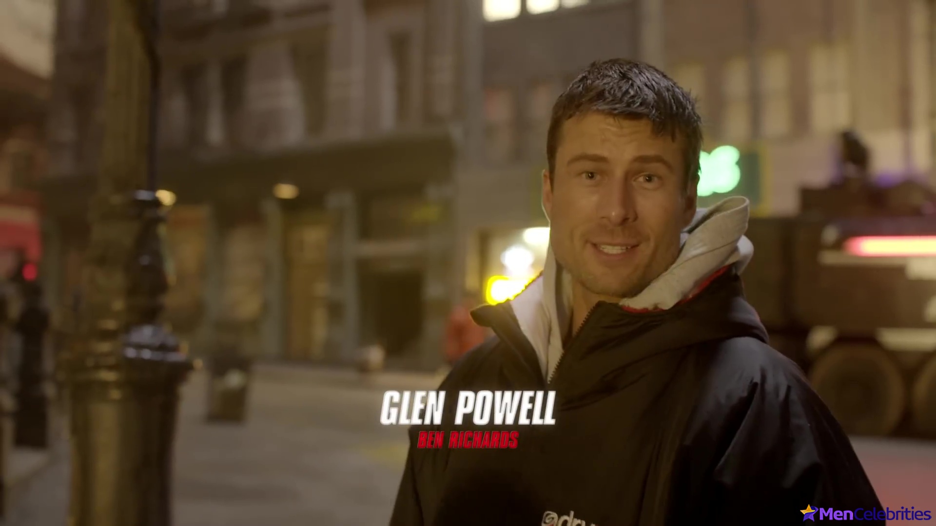 Glen Powell nude in The Running Man BTS