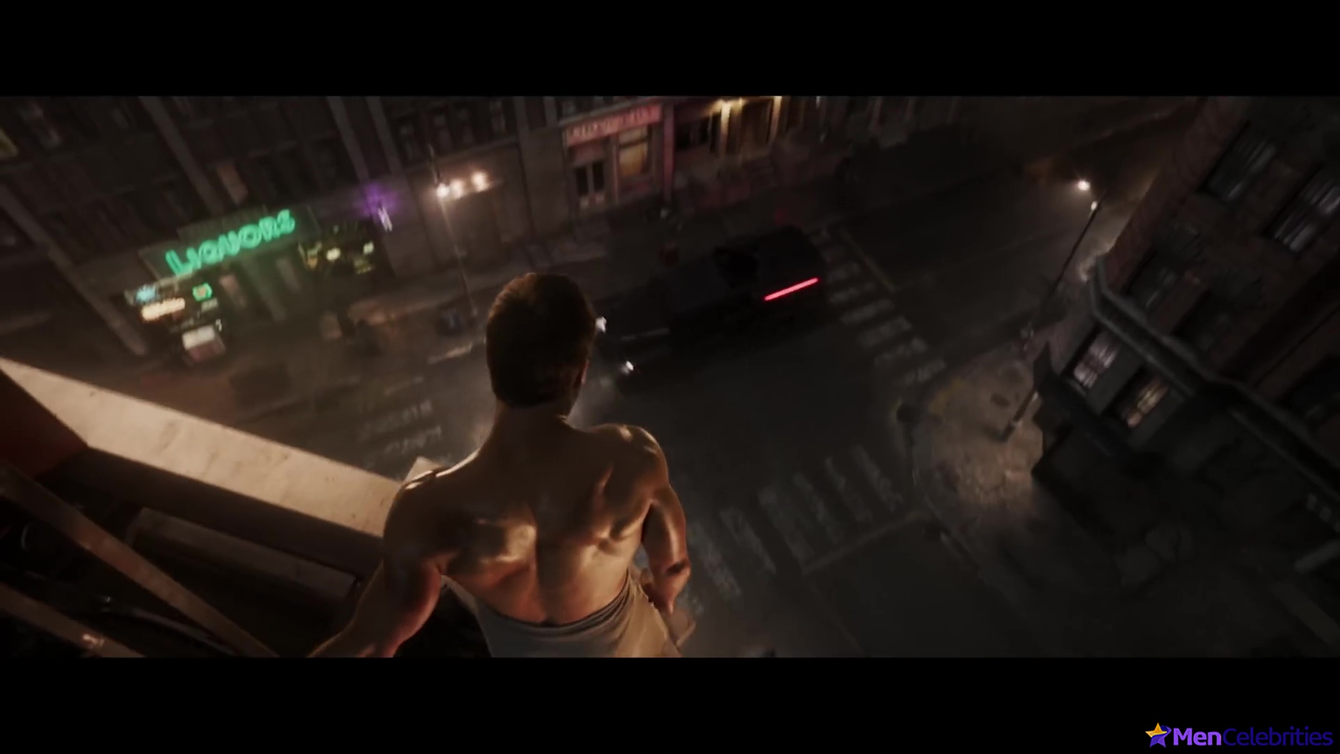 Glen Powell nude in The Running Man BTS