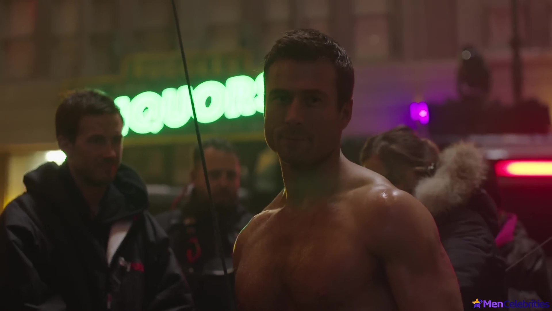 Glen Powell nude in The Running Man BTS