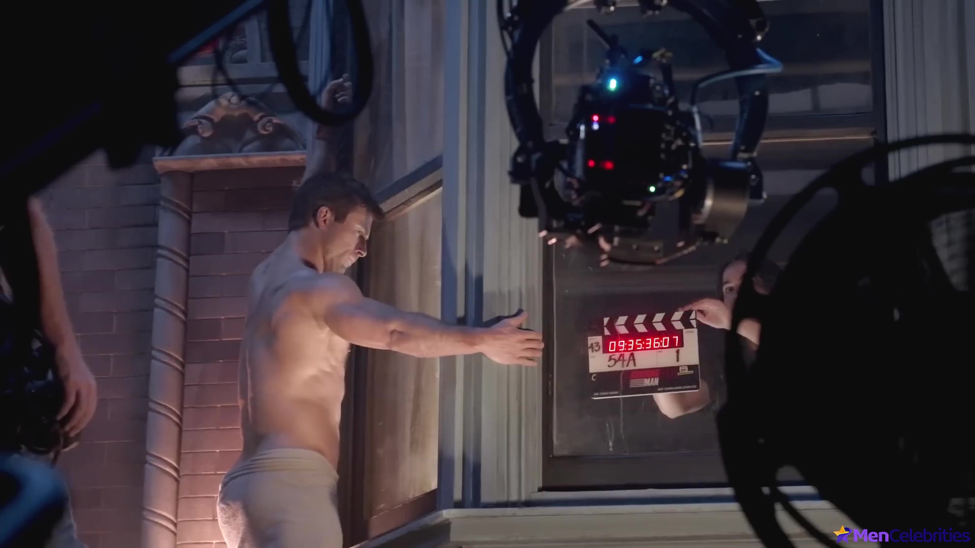 Glen Powell nude in The Running Man BTS