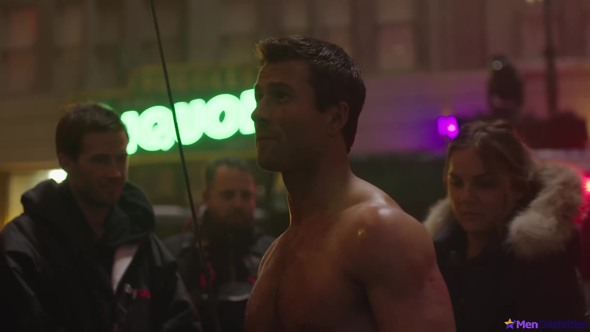 Glen Powell nude in The Running Man BTS