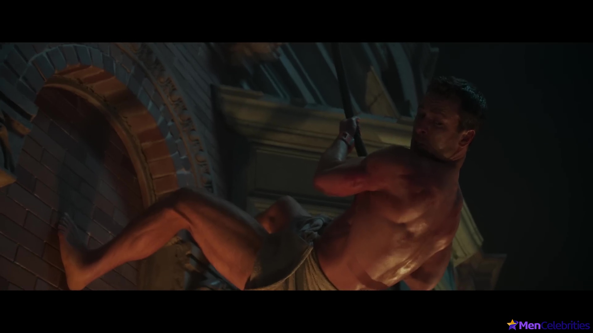 Glen Powell nude in The Running Man BTS