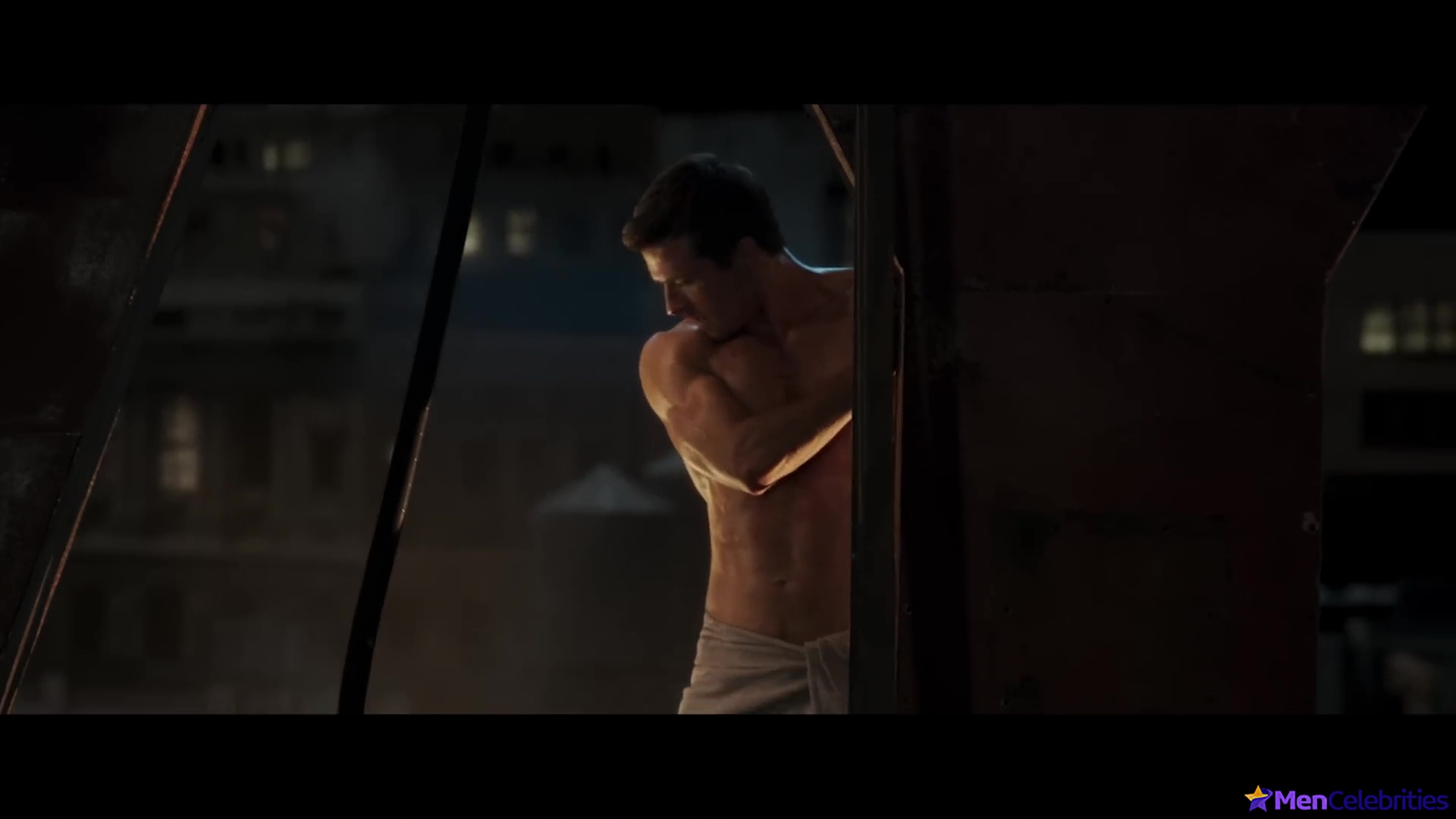 Glen Powell nude in The Running Man BTS