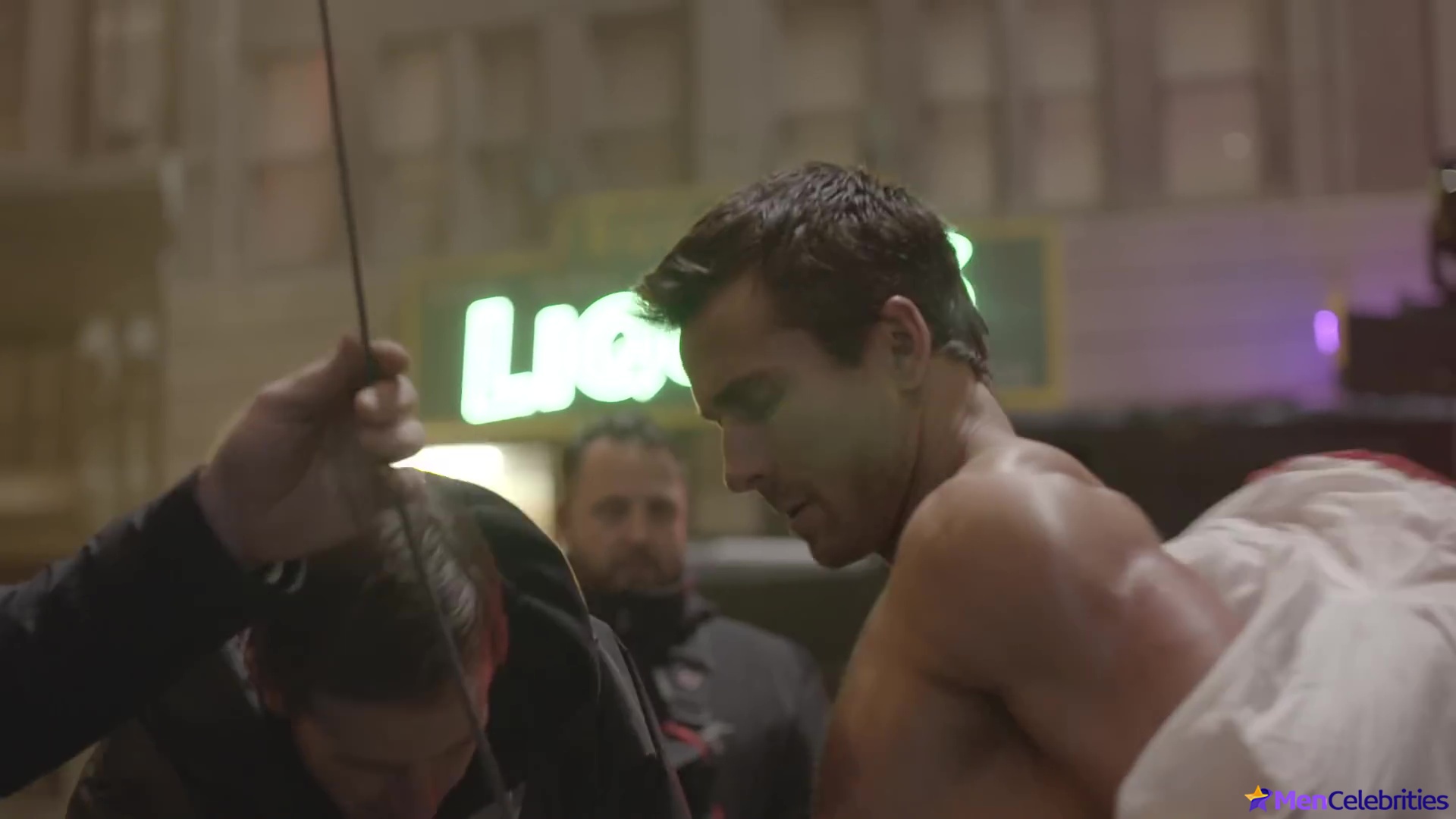 Glen Powell nude in The Running Man BTS