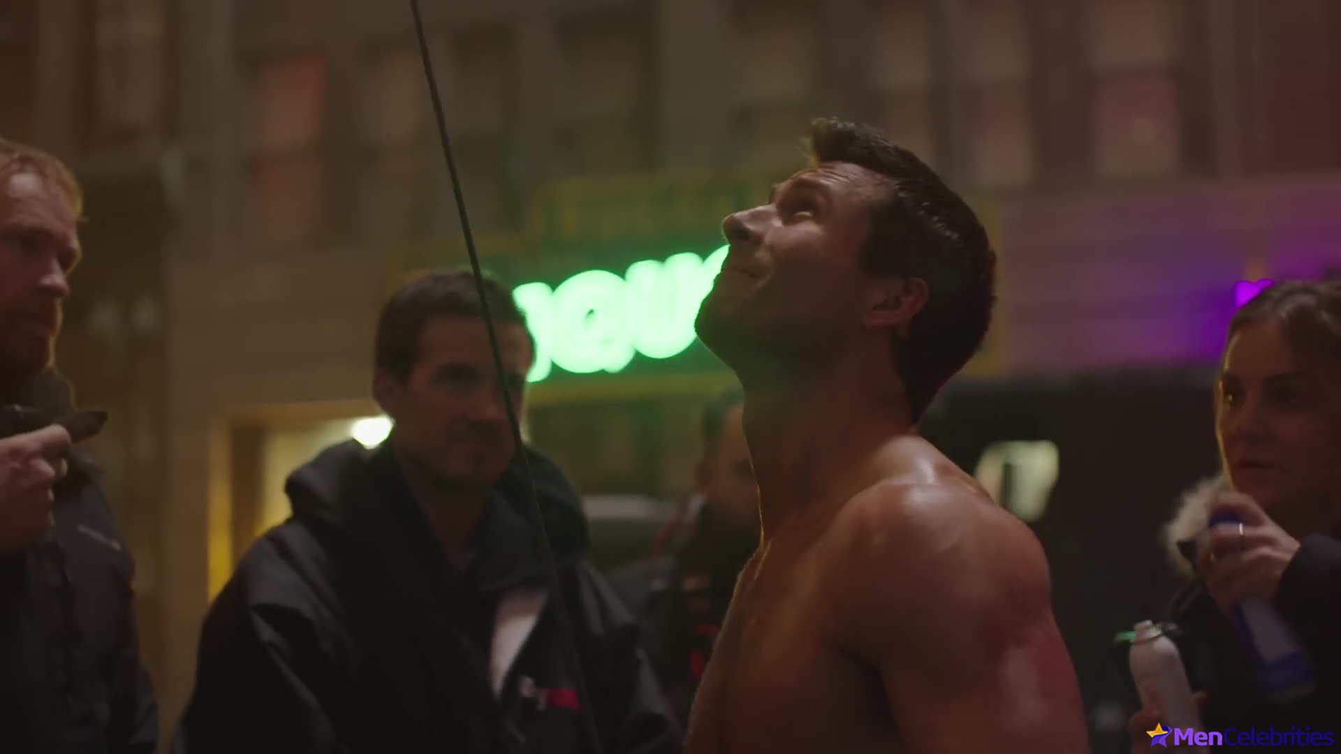 Glen Powell nude in The Running Man BTS