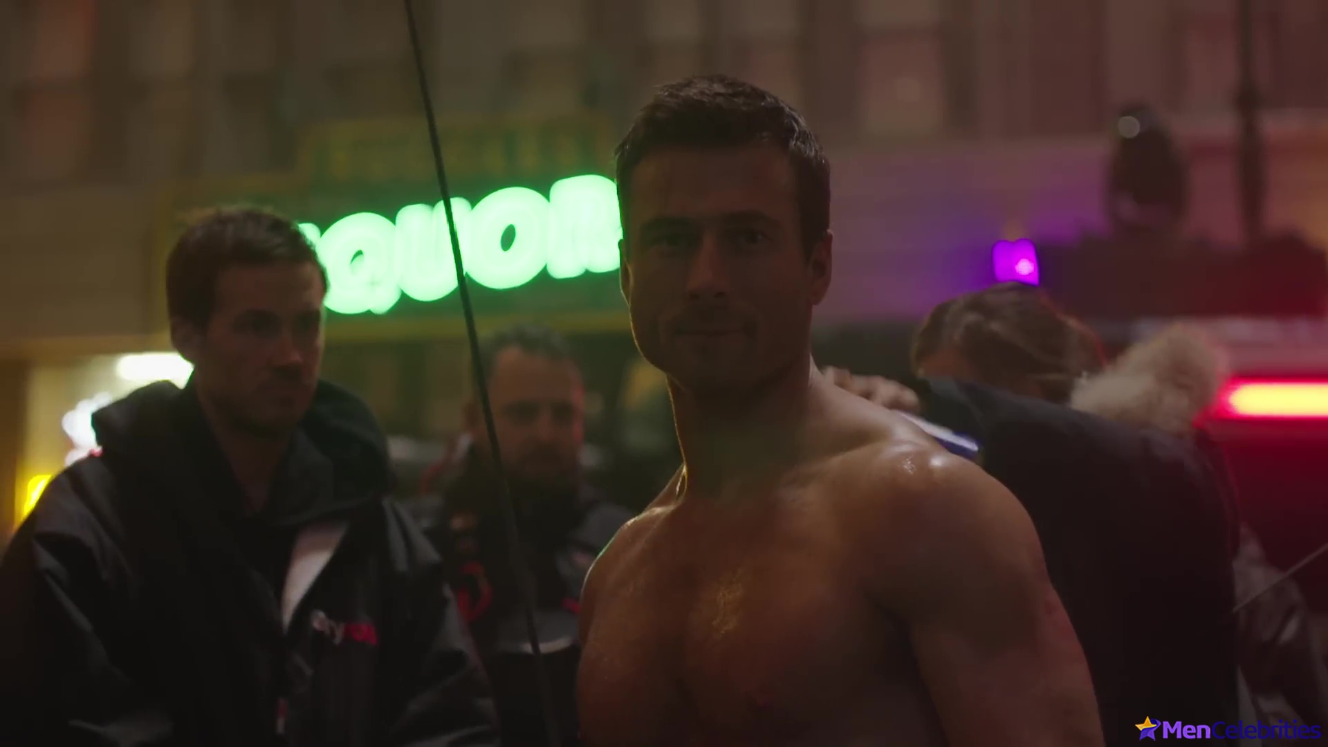 Glen Powell nude in The Running Man BTS