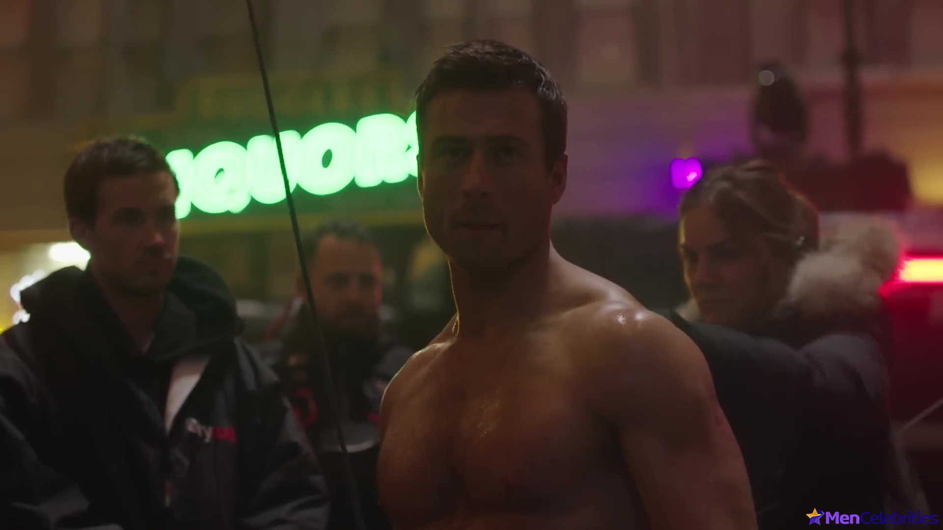 Glen Powell nude in The Running Man BTS